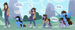 Size: 5000x2000 | Tagged: safe, artist:mentalcrash, oc, oc only, oc:honey forest, oc:sky game, earth pony, human, pegasus, pony, awoo, clothes, converse, dialogue, female, glasses, high res, howling, human to pony, magic, male, mare, moaning, oc riding oc, ponies riding ponies, riding, ripping clothes, robe, shoes, speech bubble, stallion, sword, transformation, transformation sequence, weapon