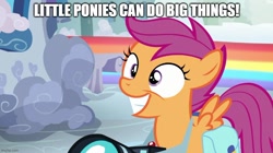 Size: 888x499 | Tagged: safe, edit, edited screencap, screencap, scootaloo, pegasus, pony, g4, parental glideance, bag, camera, caption, cute, cutealoo, female, filly, foal, grin, image macro, meme, parody, reference, saddle bag, scene parody, smiling, solo, text, thomas and friends, thomas and the magic railroad, thomas the tank engine