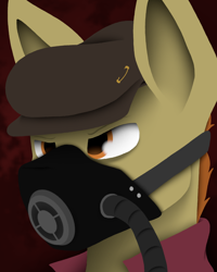Size: 1080x1350 | Tagged: safe, artist:tiviyl, oc, earth pony, pony, bust, clothes, gas mask, hat, mask, portrait, simple background, solo