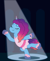 Size: 1500x1800 | Tagged: safe, artist:prixy05, misty brightdawn, pony, unicorn, g5, my little pony: tell your tale, ballet, bracelet, clothes, cute, dancing, eyes closed, female, freckles, friendship bracelet, jewelry, mare, mistybetes, one leg raised, rebirth misty, smiling, solo, spotlight, tutu