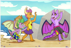 Size: 1772x1181 | Tagged: safe, artist:inuhoshi-to-darkpen, smolder, spike, oc, oc:scorch, dragon, anthro, g4, beach, boulder, clothes, cloud, commission, dragon oc, dragon wings, dragoness, female, male, motion lines, non-pony oc, rock, sand, shirt, skirt, sleeveless, sleeveless shirt, spread wings, swimming trunks, swimsuit, trio, water, winged spike, wings