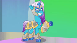 Size: 3072x1727 | Tagged: safe, screencap, comet (g5), auroricorn, pony, g5, my little pony: tell your tale, snow business like show business, spoiler:g5, spoiler:my little pony: tell your tale, spoiler:tyts01e70, green screen, grin, male, smiling, solo, stallion