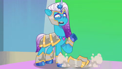 Size: 3072x1727 | Tagged: safe, screencap, comet (g5), auroricorn, pony, g5, my little pony: tell your tale, snow business like show business, spoiler:g5, spoiler:my little pony: tell your tale, spoiler:tyts01e70, armor, green screen, male, open mouth, solo, stallion