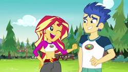 Size: 1280x720 | Tagged: safe, edit, edited screencap, screencap, flash sentry, sunset shimmer, equestria girls, g4, my little pony equestria girls: legend of everfree, belly button, camp everfree, camp everfree outfits, female, male, midriff, one eye closed, pine tree, punch, ship:flashimmer, shipping, straight, tree, wink