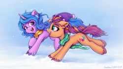 Size: 1610x899 | Tagged: safe, artist:zeepheru_pone, izzy moonbow, sunny starscout, earth pony, pony, unicorn, g5, beanie, butt, cheek fluff, clothes, colored hooves, concave belly, cute, duo, duo female, ear fluff, earmuffs, female, hat, horn, izzybetes, looking at each other, looking at someone, mane stripe sunny, mare, open mouth, open smile, outdoors, plot, running, scarf, smiling, snow, snowfall, striped scarf, sunnybetes, tail, unshorn fetlocks, windswept mane, windswept tail, winter outfit