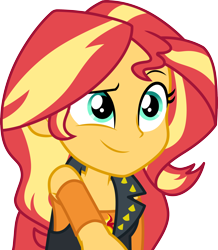 Size: 3000x3446 | Tagged: safe, artist:cloudy glow, sunset shimmer, cheer you on, equestria girls, g4, my little pony equestria girls: better together, clothes, cutie mark on clothes, eyebrows, grin, high res, leather, leather vest, raised eyebrow, reaching, shoulderless shirt, simple background, smiling, solo, spikes, thank you, transparent background, vector, vest