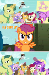 Size: 426x645 | Tagged: safe, edit, edited screencap, screencap, amethyst star, caramel, dandy dispatch, overcast (g4), rainbowshine, roseluck, scootaloo, sparkler, earth pony, pegasus, pony, unicorn, fame and misfortune, g4, the return of harmony, comic, fans, female, filly, foal, male, reaction image, scolding, screencap comic
