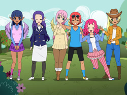 Size: 800x600 | Tagged: safe, artist:jawolfadultishart, applejack, fluttershy, pinkie pie, rainbow dash, rarity, twilight sparkle, human, g4, elf ears, female, humanized, kisekae, light skin, mane six, moderate dark skin, tan skin, winged humanization, wings