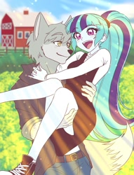 Size: 1300x1700 | Tagged: source needed, safe, artist:rileyav, sonata dusk, oc, oc:digit wolfen, human, wolf, equestria girls, g4, blushing, canon x furry, canon x oc, carrying, converse, farm, field, furry, furry oc, legs, open mouth, open smile, shipping, shoes, smiling