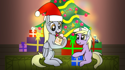 Size: 1920x1080 | Tagged: safe, artist:platinumdrop, derpy hooves, dinky hooves, pegasus, unicorn, g4, action figure, christmas, christmas tree, coffee mug, commission, excited, happy, hat, holiday, mug, present, santa hat, smiling, tree