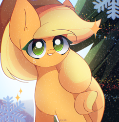 Size: 2500x2560 | Tagged: safe, artist:miryelis, applejack, earth pony, pony, g4, abstract background, applejack's hat, big ears, cowboy hat, cute, female, freckles, hat, high res, jackabetes, long hair, looking at you, mare, smiling, smiling at you, snow, snowflake, solo, sparkles, standing