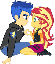 Size: 1475x1706 | Tagged: safe, artist:yingerten, edit, editor:itsmgh1203, flash sentry, sunset shimmer, human, equestria girls, equestria girls series, g4, boots, breasts, clothes, cute, cutie mark on clothes, diasentres, duo, duo male and female, female, geode of empathy, heart, heart shaped, jacket, jewelry, leather, leather boots, leather vest, looking at each other, looking at someone, magical geodes, male, necklace, shimmerbetes, ship:flashimmer, shipping, shoes, simple background, smiling, smiling at each other, straight, transparent background, vest