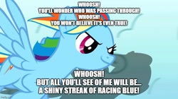 Size: 888x499 | Tagged: safe, edit, edited screencap, screencap, rainbow dash, pegasus, pony, g4, sonic rainboom (episode), caption, cloud, female, flying, image macro, mare, meme, parody, reference, scene parody, smiling, smirk, solo, song, streamlining, text, thomas and friends, thomas and friends:the great race, thomas the tank engine