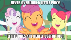 Size: 888x499 | Tagged: safe, edit, edited screencap, screencap, apple bloom, scootaloo, sweetie belle, earth pony, pegasus, pony, unicorn, flight to the finish, g4, apple bloom's bow, bow, caption, female, filly, foal, hair bow, image macro, meme, never overlook a engine, open mouth, open smile, parody, reference, scene parody, singing, smiling, song in the description, song parody, text, thomas and friends, thomas and friends:sodor's legend of the lost treasure, thomas the tank engine, trio