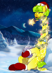 Size: 2480x3508 | Tagged: safe, artist:arctic-fox, oc, oc only, oc:lemon drop, giraffe, bauble, being a christmas tree, belly, chocolate, christmas, christmas lights, christmas ornament, christmas star, christmas stocking, clothes, commissioner:lemondrop, crescent moon, decoration, eyes closed, female, food, garland, giraffied, happy, hat, high res, holiday, hoof hold, hot chocolate, leg hold, long neck, long tongue, marshmallow, mittens, moon, mountain, mountain range, mug, night, outdoors, prehensile tongue, round belly, santa hat, sitting, smiling, snow, socks, solo, species swap, starry night, tongue out