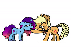 Size: 1800x1350 | Tagged: safe, artist:flutterluv, applejack, misty brightdawn, earth pony, pony, unicorn, g4, g5, braid, braided tail, colored hooves, comforting, duo, female, floppy ears, generational ponidox, hat, looking at each other, looking at someone, mare, misty and her 2nd heroine, neckerchief, older, older applejack, raised hoof, rebirth misty, simple background, tail, white background