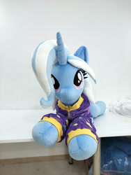 Size: 3472x4624 | Tagged: safe, artist:lanacraft, trixie, pony, unicorn, g4, alternate hairstyle, babysitter trixie, clothes, hoodie, irl, lying down, photo, plushie, prone, smiling, solo, sploot