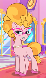 Size: 517x868 | Tagged: safe, screencap, phyllis cloverleaf, earth pony, pony, g5, mane melody, my little pony: tell your tale, spoiler:g5, spoiler:my little pony: tell your tale, spoiler:tyts01e05, cropped, door, ear piercing, earring, female, glasses, grin, indoors, jewelry, mane melody (location), mare, necklace, pearl necklace, piercing, smiling, solo, tail, unshorn fetlocks