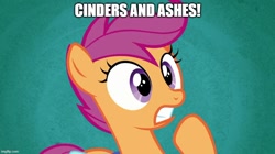 Size: 888x499 | Tagged: safe, edit, edited screencap, screencap, scootaloo, pegasus, pony, g4, parental glideance, bust, caption, female, filly, foal, gritted teeth, image macro, meme, parody, reference, scene parody, shocked, solo, teeth, text, thomas and friends, thomas the tank engine