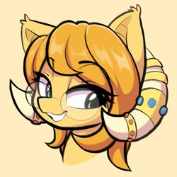Size: 1189x1187 | Tagged: safe, artist:moozua, oc, oc only, oc:caramel drop, bat pony, bust, female, glasses, horn, horn jewelry, horns, jewelry, mare, no source available, portrait, smiling