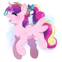 Size: 1958x1958 | Tagged: safe, artist:adostume, princess cadance, alicorn, butterfly, pony, g4, blushing, bow, butterfly on nose, cute, cutedance, daaaaaaaaaaaw, digital art, eyes closed, female, filly, filly cadance, flying, hair bow, heart, insect on nose, open mouth, open smile, ponytail, simple background, smiling, solo, spread wings, tail, tail bow, teenager, wings, younger