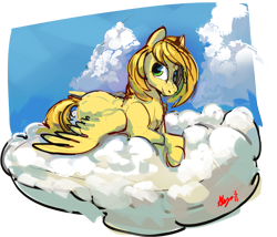 Size: 4495x3852 | Tagged: safe, artist:alumx, oc, oc:caramel drop, pegasus, cloud, female, looking at you, lying down, mare, no source available, painting, patreon, patreon reward, simple background, smiling, smiling at you