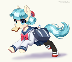 Size: 2208x1908 | Tagged: safe, artist:vinilyart, coco pommel, earth pony, pony, g4, clothes, cocobetes, cute, female, hello kitty, high res, mare, mouth hold, pantyhose, running, sanrio, school uniform, schoolgirl, schoolgirl toast, shoes, simple background, solo, uniform, white background