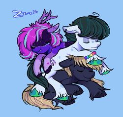 Size: 937x888 | Tagged: safe, artist:kreeeeeez, oc, oc:drowsy geode, oc:hestr, oc:twilight bubbles, cuddle puddle, cuddling, pony pile