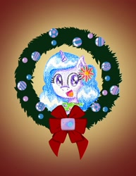 Size: 2550x3300 | Tagged: safe, artist:flutterluv, part of a set, izzy moonbow, pony, unicorn, g5, bust, christmas, christmas wreath, gradient background, high res, holiday, portrait, smiling, solo, wreath