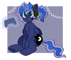 Size: 2120x1785 | Tagged: safe, artist:spookyfoxinc, princess luna, alicorn, gamer luna, g4, female, folded wings, gaming, ponytail, sitting, solo, wings