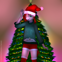 Size: 2000x2000 | Tagged: safe, artist:endelthepegasus, oc, oc only, oc:flappy smile, anthro, christmas, christmas lights, christmas stocking, christmas tree, clothes, collar, female, hat, high res, holiday, looking at you, one eye closed, open mouth, santa hat, socks, solo, thigh highs, tree