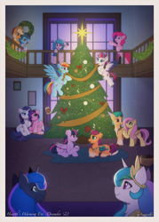 Size: 2215x3101 | Tagged: safe, artist:sonigiraldo, applejack, fluttershy, hitch trailblazer, izzy moonbow, misty brightdawn, pinkie pie, pipp petals, princess celestia, princess luna, rainbow dash, rarity, sunny starscout, twilight sparkle, zipp storm, alicorn, earth pony, pegasus, pony, unicorn, g4, g5, applejack's hat, chest fluff, christmas, christmas tree, christmas wreath, colored wings, colored wingtips, cowboy hat, ear fluff, female, flying, folded wings, freckles, hat, high res, hitch and his 2nd heroine, holiday, horn, indoors, izzy and her heroine, lying down, male, mane five, mane six, mane six (g5), mare, misty and her 2nd heroine, mouth hold, multicolored wings, one eye closed, open mouth, open smile, pipp and her heroine, prone, raised hoof, royal sisters, royal sisters (g5), siblings, sisters, sitting, smiling, spread wings, stallion, sunny and her heroine, tail, tree, twilight sparkle (alicorn), unshorn fetlocks, wings, wreath, zipp and her heroine