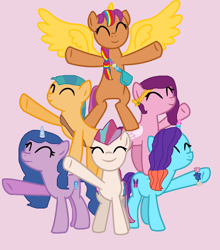 Size: 1224x1392 | Tagged: safe, artist:diana173076, hitch trailblazer, izzy moonbow, misty brightdawn, pipp petals, sunny starscout, zipp storm, alicorn, earth pony, pegasus, pony, unicorn, g4, g5, female, g5 to g4, generation leap, group, male, mane five, mane six (g5), mare, pony pyramid, race swap, rebirth misty, sextet, song in the description, stallion, sunnycorn