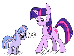 Size: 2048x1536 | Tagged: safe, artist:tstone, twilight sparkle, wind sprint, pegasus, pony, unicorn, g4, closed mouth, dialogue, duo, female, filly, foal, frown, heart, korean, look-alike, looking at each other, looking at someone, mare, mother and child, mother and daughter, open mouth, open smile, raised hoof, shocked, simple background, smiling, speech, speech bubble, spread wings, standing, talking, translated in the comments, unicorn twilight, white background, wings