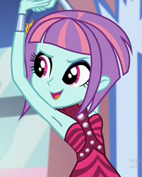 Size: 519x647 | Tagged: safe, edit, edited screencap, screencap, sunny flare, dance magic, equestria girls, equestria girls series, equestria girls specials, g4, armpits, arms in the air, cropped, eyebrows, flamenco dress, open mouth, open smile, raised eyebrow, sleeveless, smiling, stretching, talking, wrist cuffs