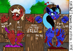 Size: 828x585 | Tagged: safe, artist:paranormalnerdom, oc, oc only, oc:golden heart blue, pony, anthro, plantigrade anthro, ahegao, barefoot, bondage, feather, feet, fetish, foot fetish, foot focus, open mouth, soles, stocks, tickling, toes, tongue out