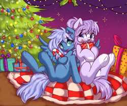 Size: 3000x2500 | Tagged: safe, artist:kristina, oc, oc only, pegasus, pony, candy, candy cane, christmas, christmas tree, commission, duo, food, high res, holiday, present, tree