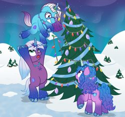 Size: 1982x1859 | Tagged: safe, artist:nitei, comet (g5), izzy moonbow, violet frost, auroricorn, pony, unicorn, g4, g5, belly, bipedal, chonk, christmas, christmas lights, christmas ornament, christmas tree, chubby, clumsy, decoration, female, floppy ears, g5 to g4, gasp, generation leap, glasses, gritted teeth, holiday, jewelry, lifting, looking down, looking up, male, mare, necklace, open mouth, pine tree, raised hoof, ribbon, snow, stallion, starlight ridge, teeth, tree, trio, unshorn fetlocks, winter