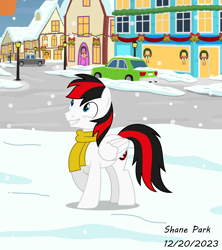 Size: 4822x5441 | Tagged: safe, artist:creedyboy124, oc, oc:red arrow, pegasus, pony, g4, car, clothes, male, ponyville, scarf, solo, winter outfit