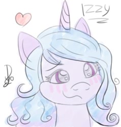 Size: 552x580 | Tagged: safe, artist:royowo, izzy moonbow, pony, unicorn, g5, blushing, bust, cute, female, floating heart, heart, izzybetes, mare, simple background, smiling, solo, white background