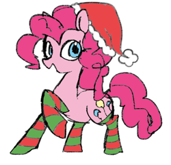 Size: 506x488 | Tagged: safe, artist:cryweas, artist:icicle-niceicle-1517, artist:metaruscarlet, color edit, edit, pinkie pie, earth pony, pony, g4, christmas, clothes, collaboration, colored, cute, diapinkes, female, hat, holiday, mare, open mouth, raised hoof, santa hat, simple background, socks, solo, striped socks, white background