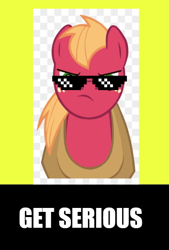 Size: 426x630 | Tagged: safe, artist:simonstudio587, big macintosh, earth pony, pony, g4, 1000 hours in ms paint, get serious, male, meme, poster, solo, sunglasses