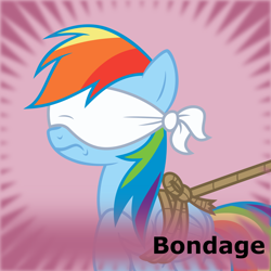 Size: 1024x1024 | Tagged: safe, artist:jp, derpibooru exclusive, rainbow dash, pegasus, pony, derpibooru, daring done?, g4, .svg available, blindfold, bondage, bound wings, female, frown, mare, meta, official spoiler image, rainbond dash, rope, rope bondage, solo, spoilered image joke, svg, text, tied up, vector, wings