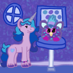 Size: 1500x1500 | Tagged: safe, artist:mintwhistle, izzy moonbow, pony, unicorn, g5, bracelet, colored hooves, crossover, female, friendship bracelet, furby, house, indoors, izzy is tol, jewelry, looking at something, mare, medibang paint, open mouth, open smile, picture, picture frame, slender, smiling, solo, stool, tall, thin, three toned mane, three toned tail, toy, unshorn fetlocks, window