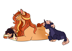 Size: 1280x901 | Tagged: safe, artist:kitschylricket, oc, oc only, oc:pumpkin ginger, oc:sedona starfall, oc:sunfall flush, earth pony, pony, female, filly, foal, lying down, mare, prone, simple background, transparent background