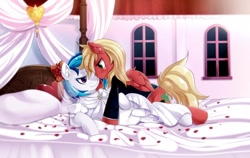 Size: 1280x809 | Tagged: safe, artist:freedomthai, dj pon-3, vinyl scratch, oc, pegasus, pony, unicorn, g4, bed, canon x oc, clothes, dress, equine, female, folded wings, imminent sex, lidded eyes, looking at you, male, married couple, not big macintosh, not shining armor, shipping, smiling, straight, uniform, wedding dress, window, wings