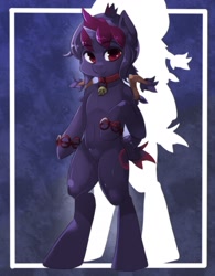 Size: 996x1280 | Tagged: safe, artist:freedomthai, oc, oc only, pony, unicorn, semi-anthro, arm hooves, belly button, bipedal, collar, equine, featureless crotch, skull, solo