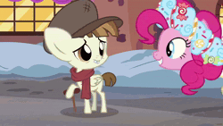 Size: 1920x1080 | Tagged: safe, screencap, featherweight, pinkie pie, spirit of hearth's warming presents, earth pony, pony, a hearth's warming tail, g4, a christmas carol, anchors aweigh (film), animated, bipedal, candy, candy in hair, christmas, clothes, colt, cute, dancing, diapinkes, discovery family, discovery family logo, dress, eye contact, eyes closed, featherbetes, female, foal, food, grin, hat, heartwarming, holiday, logo, looking at each other, looking at someone, male, mare, open mouth, scarf, smiling, sound, tap dancing, tiny tim, webm