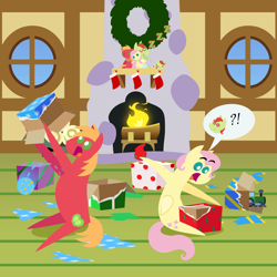 Size: 2160x2160 | Tagged: safe, anonymous artist, big macintosh, fluttershy, oc, oc:late riser, earth pony, pegasus, pony, series:fm holidays, series:hearth's warming advent calendar 2023, g4, advent calendar, alternate hairstyle, baby, baby pony, ball, big eyes, christmas, colt, drool, exclamation point, family, female, fireplace, fluttershy's bedroom, fluttershy's cottage, foal, hearth's warming doll, high res, holiday, hoof hold, hoof sucking, interrobang, lineless, male, mare, offspring, onomatopoeia, open mouth, panic, parent:big macintosh, parent:fluttershy, parents:fluttermac, pointy ponies, present, question mark, ship:fluttermac, shipping, short mane, sitting, sleeping, sound effects, speech bubble, stallion, straight, toy, train, unwrapping, zzz