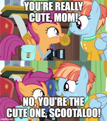 Size: 500x562 | Tagged: safe, edit, edited screencap, screencap, scootaloo, windy whistles, pegasus, pony, g4, parental glideance, adopted, adopted offspring, bag, camera, cute, cutealoo, cuteness overload, female, filly, foal, freckles, headcanon, headcanon in the description, looking at each other, looking at someone, mare, meme, mother and child, mother and daughter, parent:windy whistles, saddle bag, scootadoption, scootalove, smiling, smiling at each other, windybetes